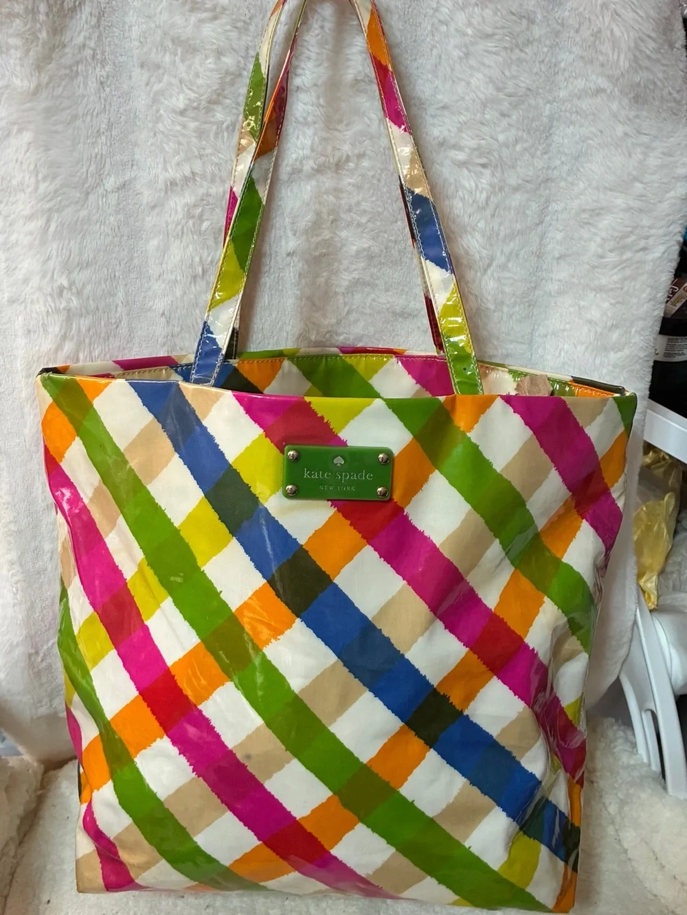 kate spade Multicolor story Plaid Patent Tote - Pink Blue Green Orange Tan